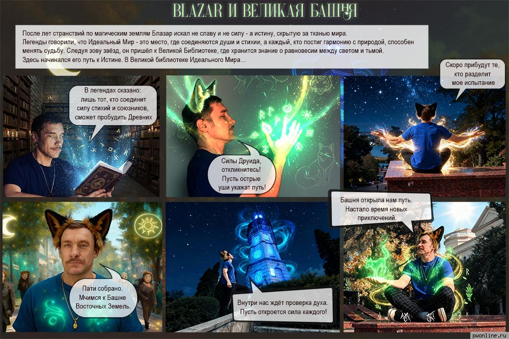 ПРИКЛЮЧЕНИЕ BLAZARA :: В Великой библиотеке Идеального Мира друид BLAZAR находит древние тексты, говорящие о Башне Восточных Земель - месте, где пробуждается сила Древних. Призвав духов стихий, он обращается к небесам, чтобы найти союзников. Собрав клан единомышленников, BLAZAR отправляется в путь. В Башне героев ждёт испытание силы духа. Пройдя проверку, BLAZAR получает Дар Света и понимает: истинная магия - в единстве и верности друзей ПРИКЛЮЧЕНИЕ BLAZARA :: В Великой библиотеке Идеального Мира друид BLAZAR находит древние тексты, говорящие о Башне Восточных Земель - месте, где пробуждается сила Древних. Призвав духов стихий, он обращается к небесам, чтобы найти союзников. Собрав клан единомышленников, BLAZAR отправляется в путь. В Башне героев ждёт испытание силы духа. Пройдя проверку, BLAZAR получает Дар Света и понимает: истинная магия - в единстве и верности друзей